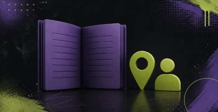 Purple open book with green location pin and user icon on a dark background