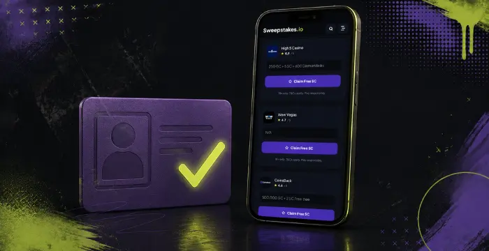 Sweepstakes.io casino offers on a smartphone beside a verified ID card icon