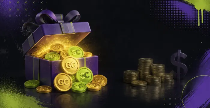 Social casino gift box filled with gold GC and green SC coins beside cash stacks