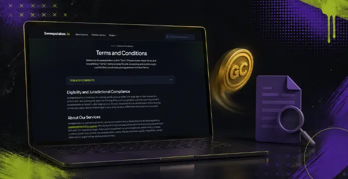 Sweepstakes.io terms and conditions page with GC coin and document search icon