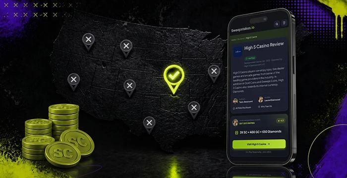High 5 state eligibility image with US map, pins, phone, and coins.