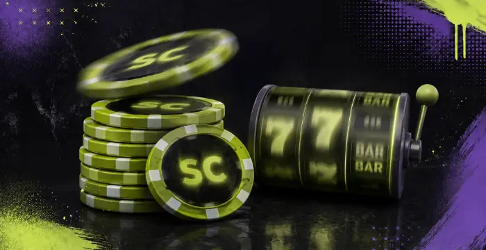 Sweeps Coins beside a slot machine with spinning reels