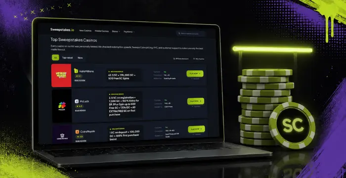 Top sweepstakes casinos with Sweeps Coin stack and casino comparison list