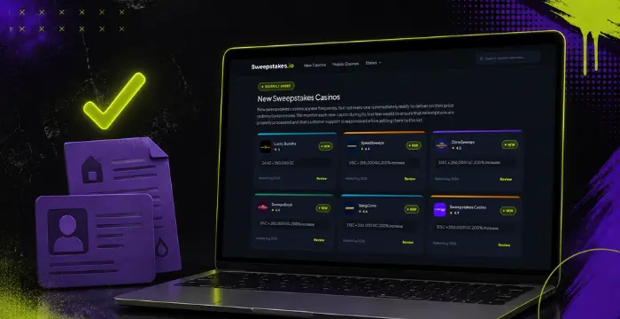 Laptop showing Sweepstakes.io NewSweepstakes Casinos page with documents