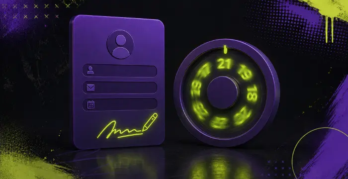 Purple ID card with signature beside spinning combination lock dial