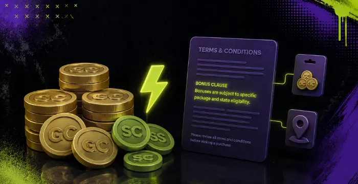 Gold Coins and Sweeps Coins with bonus terms, package rules and location eligibility