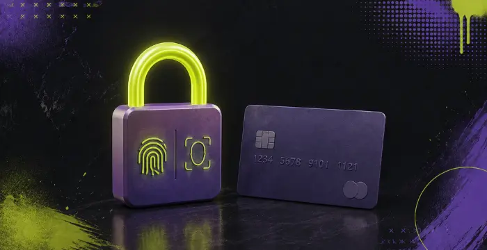 Purple lock with fingerprint and face ID beside dark credit card