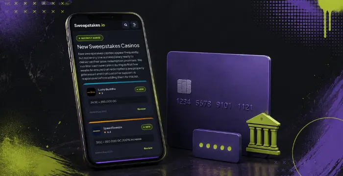 Phone displaying New Sweepstakes Casinos next to card and bank icon