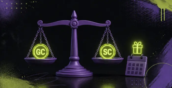 Purple scales balancing GC and SC coins with calendar and gift