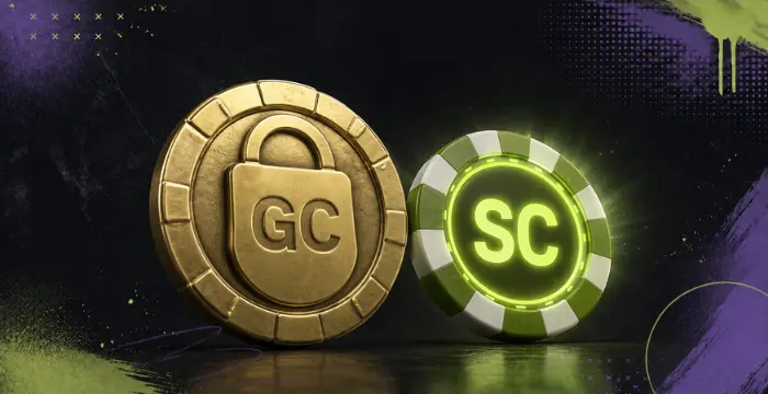 Gold locked GC coin next to glowing green SC poker chip