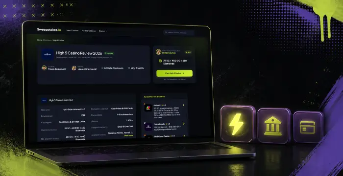 Laptop showing High 5 Casino Review 2026 next to lightning, bank and card icons
