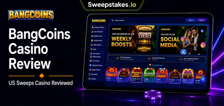 BangCoins Casino review banner with tablet casino lobby and sweepstakes branding.