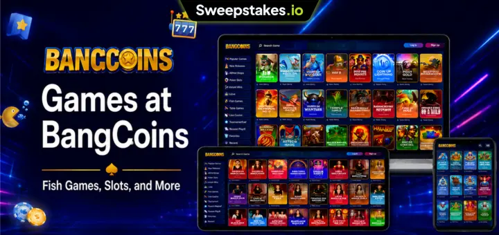 BangCoins games banner with desktop, tablet, and mobile casino screens.