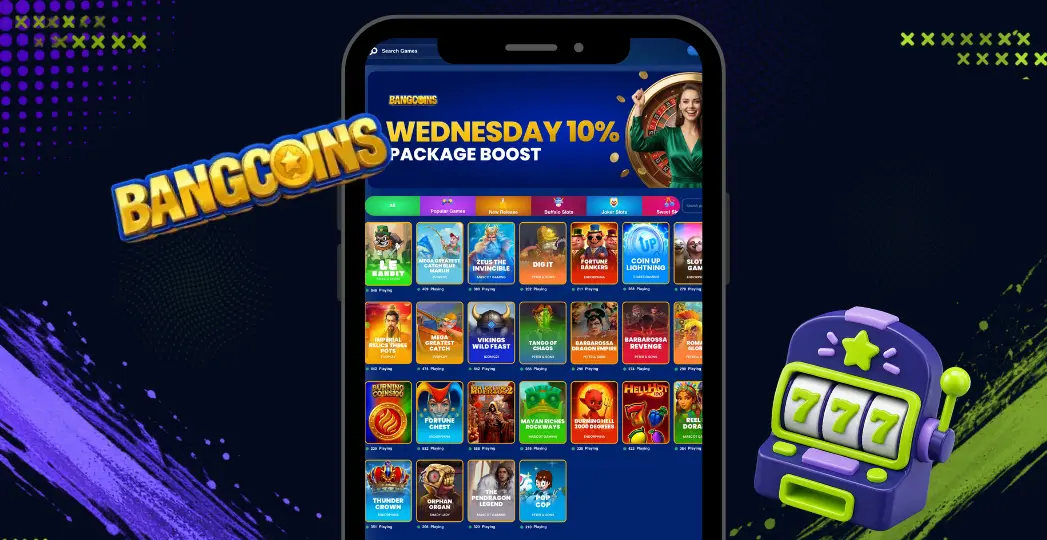 BangCoins mobile lobby with package boost and slot machine icon.