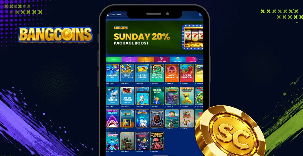 BangCoins mobile lobby with Sunday boost and SC coin.