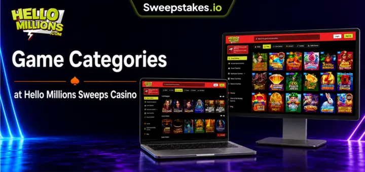 Hello Millions game categories banner with laptop and desktop game grids.