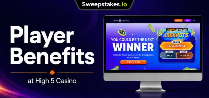 High 5 Casino player benefits banner with jackpot screen on desktop.