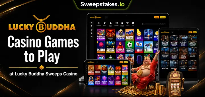 Lucky Buddha casino games banner with desktop, tablet, and mobile screens.