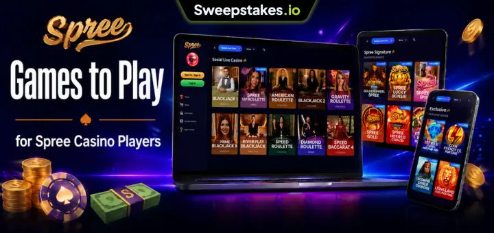 Spree games banner with laptop, tablet, and mobile casino game screens.