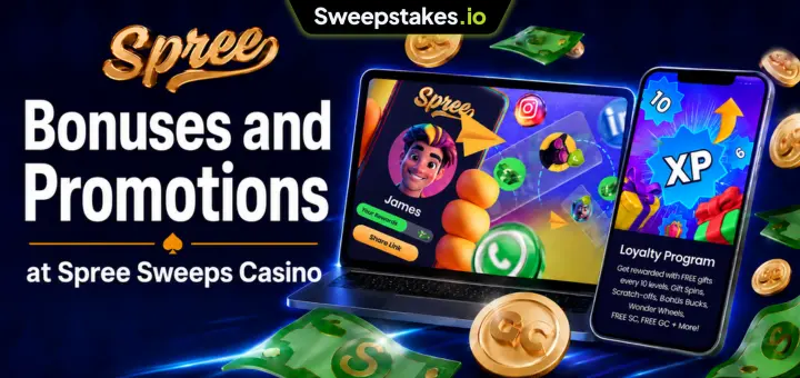 Spree bonuses banner with laptop, mobile rewards screen, and sweepstakes coins.