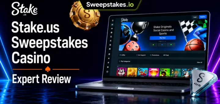 Stake.us review banner with laptop casino homepage and sweepstakes branding.