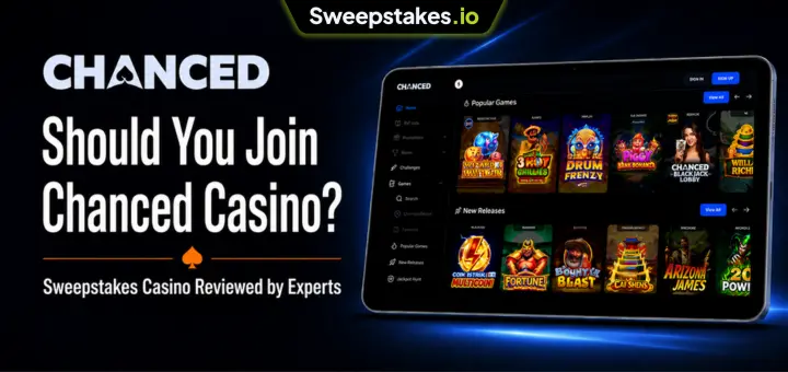 Chanced Casino review banner with tablet game lobby and blue branding.