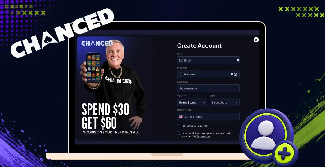 Chanced mobile gaming platform registration screen with bonus offer