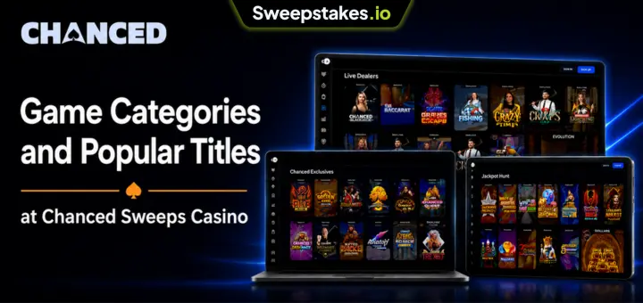 Chanced game categories banner with laptop and tablet casino screens.