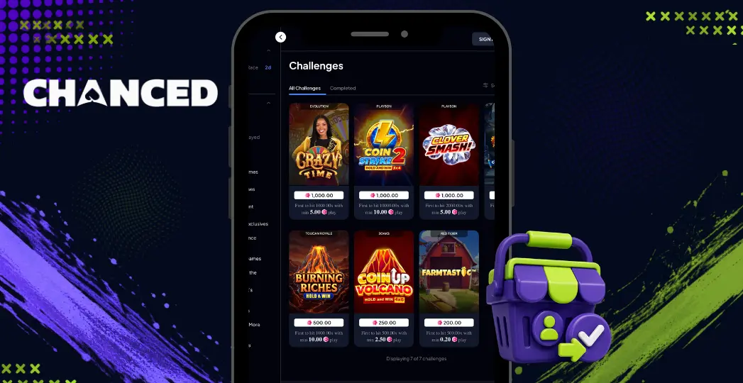 Chanced challenges screen on mobile with shopping basket icon.