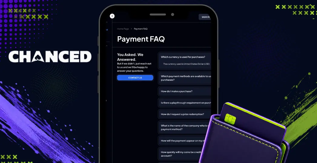 Chanced payment FAQ screen on mobile with wallet icon.