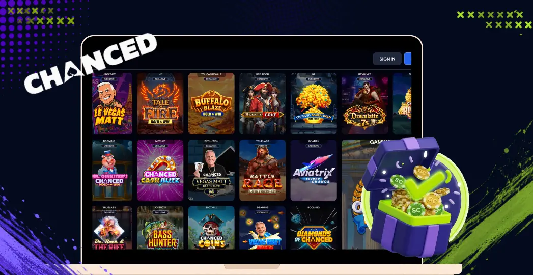 Chanced casino games page on desktop with SC coin chest.