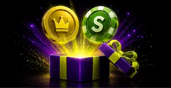 Welcome bonus gift box with gold crown and green casino token