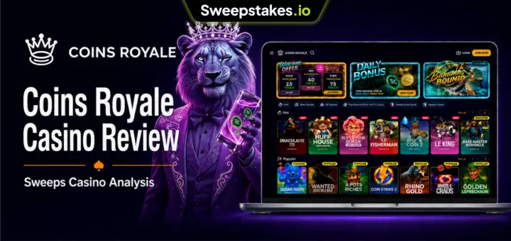 Coins Royale review banner with laptop casino lobby and sweepstakes branding.