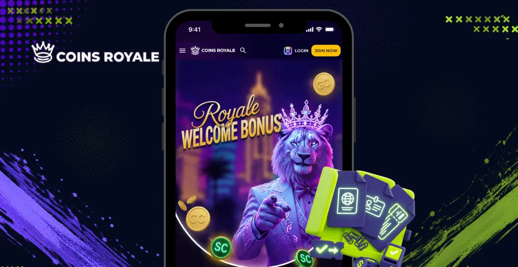 Coins Royale showing Royal Welcome Bonus on mobile screen