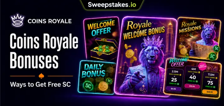 Coins Royale bonuses banner with offer cards, lion mascot, and sweepstakes coins.