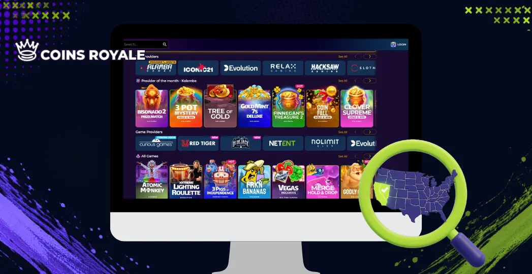 Coins Royale games providers page on desktop with US map magnifier.