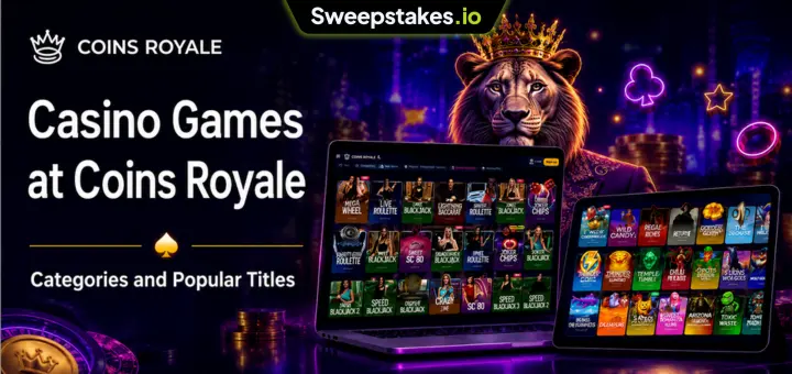 Coins Royale games banner with laptop, tablet, lion mascot, and casino titles.