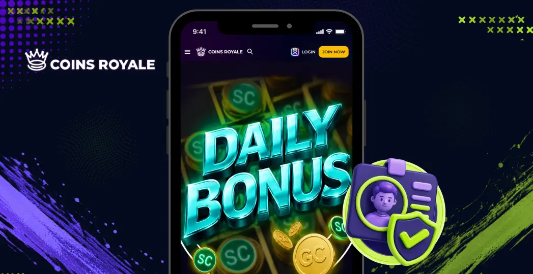 Coins Royale daily bonus screen on mobile with verified account icon.