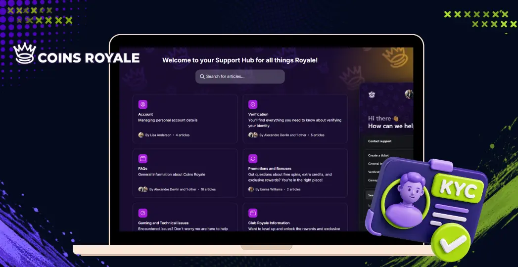 Coins Royale support hub on desktop with KYC ID card icon.