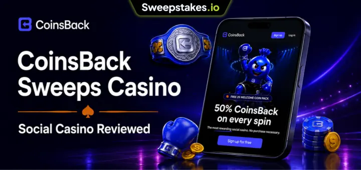 CoinsBack Sweeps Casino review banner with mobile casino page and blue gaming elements.