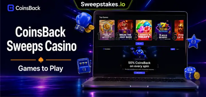 CoinsBack games banner with laptop casino game grid and blue sweepstakes elements.