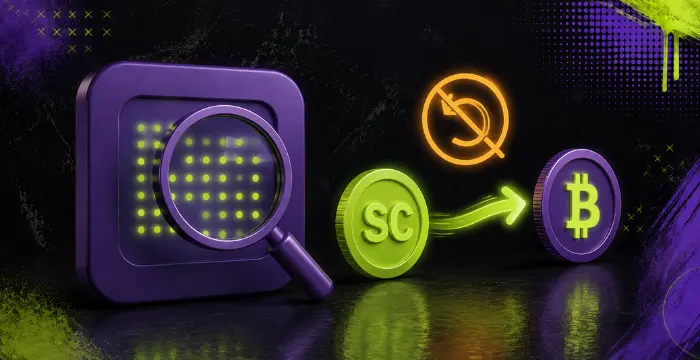 Magnifying glass over grid, SC coin converting to Bitcoin, no dollar