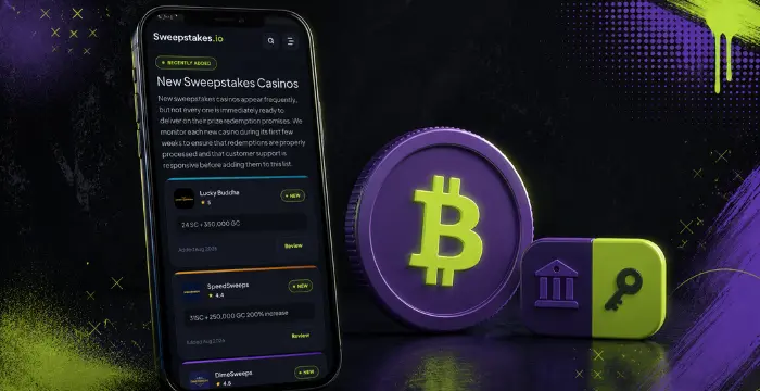 Phone displaying New Sweepstakes Casinos beside Bitcoin and bank key