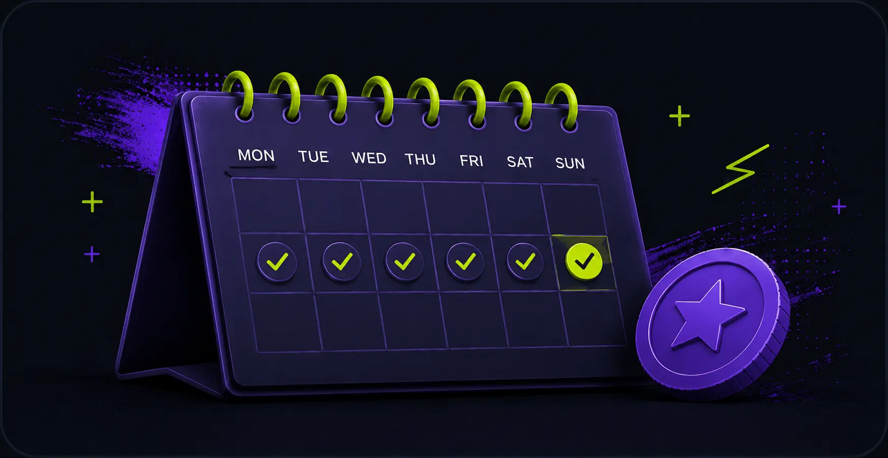 Daily login bonus calendar with weekly check-ins and reward coin