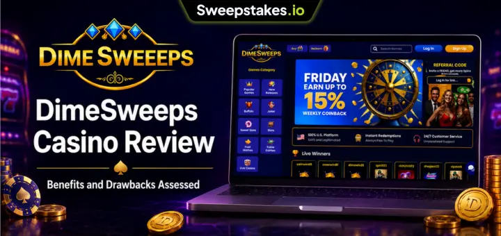 DimeSweeps Casino review banner with laptop casino lobby and sweepstakes branding.
