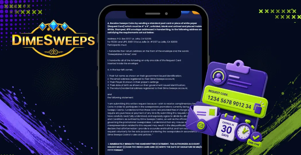 DimeSweeps mail-in request instructions on mobile with request code clipboard.