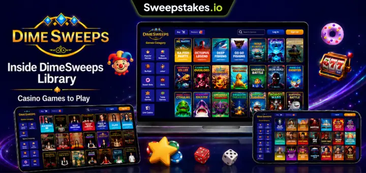DimeSweeps game library banner with laptop, tablet, and mobile casino grids.