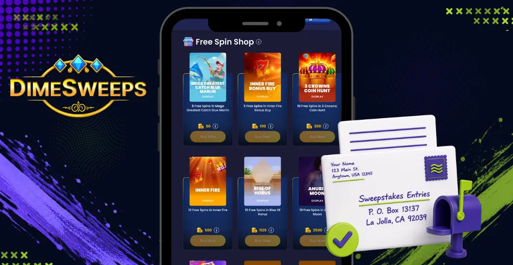 DimeSweeps free spin shop on mobile with mail-in entry envelope.