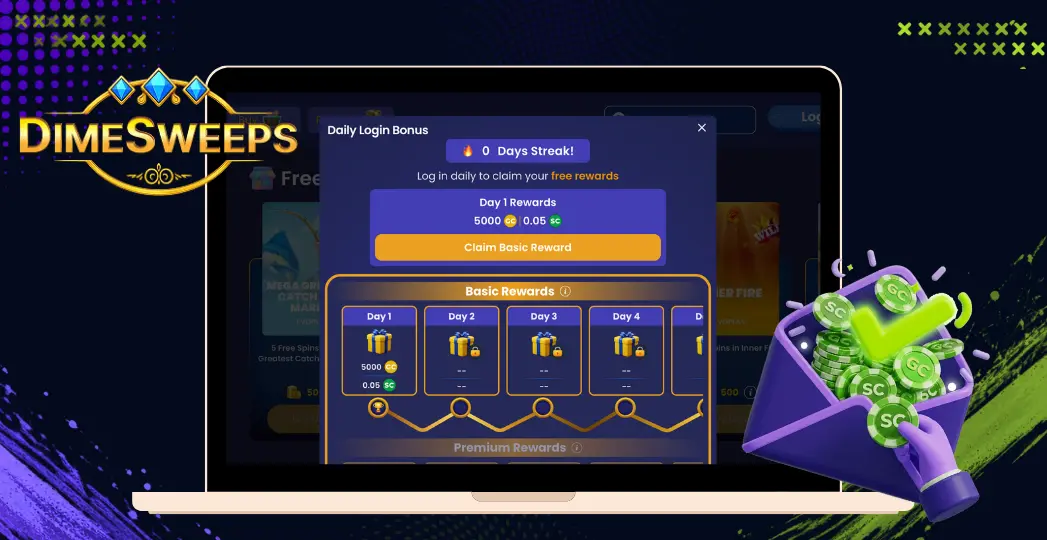 DimeSweeps daily login bonus screen with SC coin envelope.