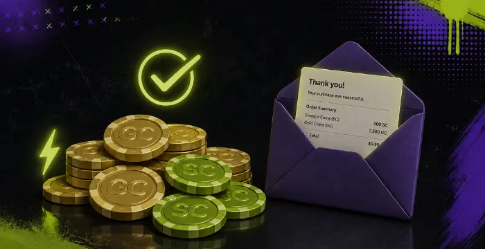 Successful sweepstakes coin purchase with Gold Coins, Sweeps Coins and receipt